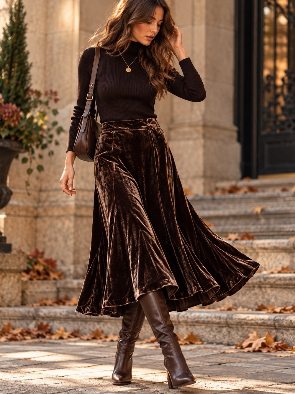 Ann Taylor LOFT Silk Velvet Midi Skirt 10 Brown Fit Flare Romantic Goth